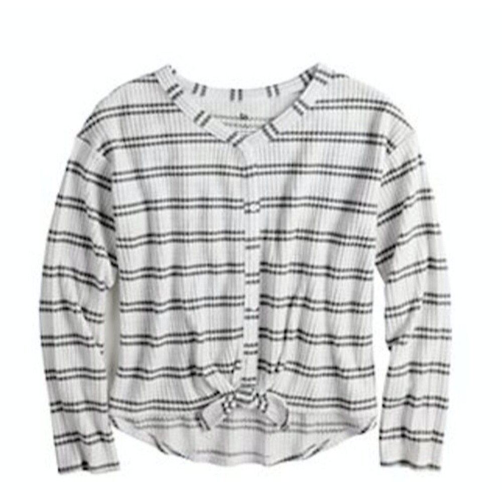 S0 Girls Black/White Stripe Top Waffle Knit Long Sleeve Front Tie Size S (7) NWT